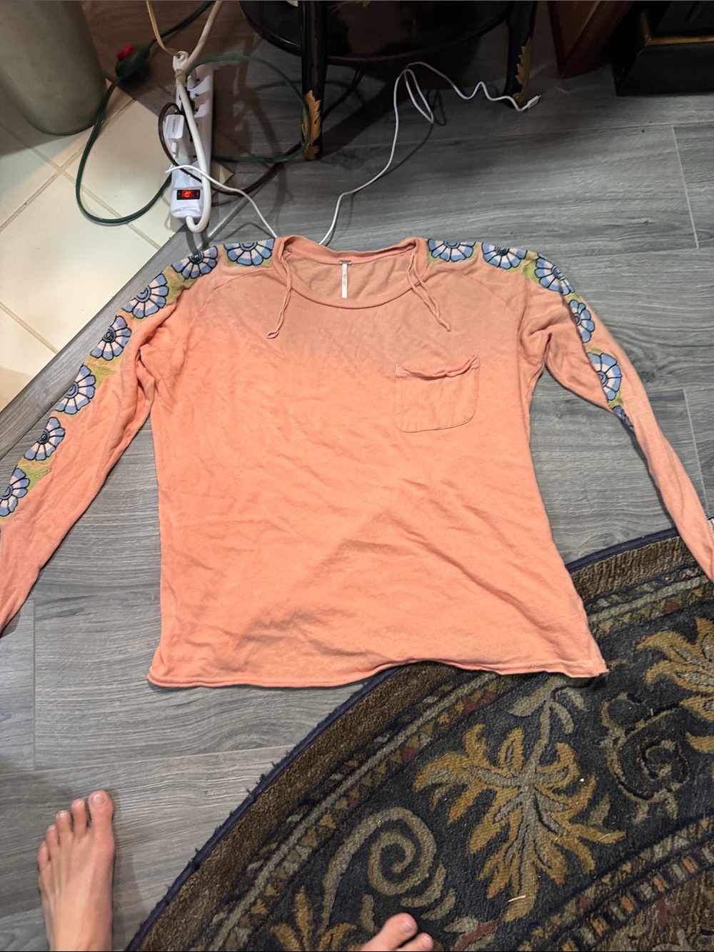 Free People Peach Long Sleeve Pocket Tee with Floral Sleeve Detail